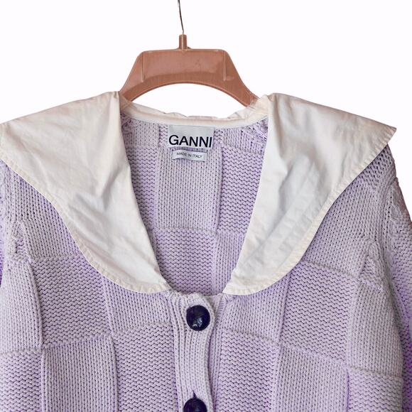 GANNI Lilac Smiley Cardigan XS Oversized Knit Sailor Collar Italy - Picture 3 of 8